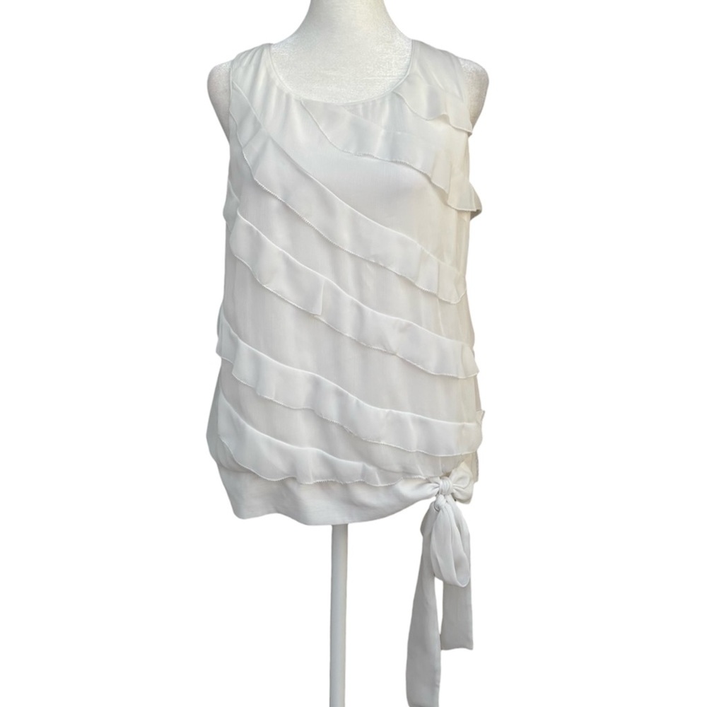 White House Black Market White Flounce Ruffle Chiffon Sleeveless Blouse
